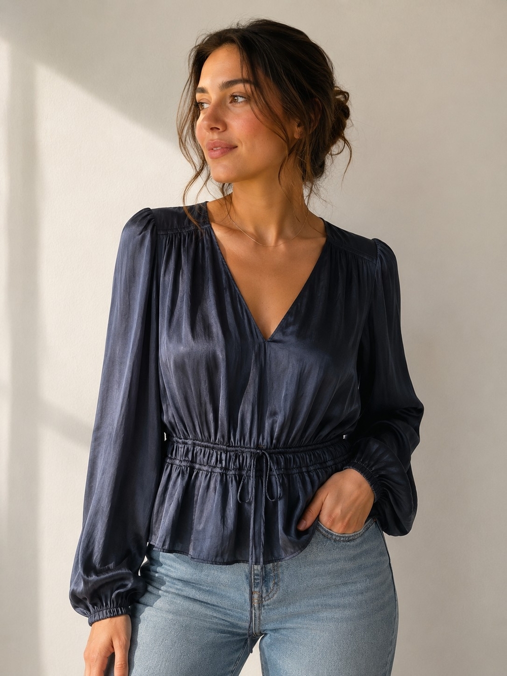 Ricki’s Satin V-Neck Ruched Waist Blouse Navy Blue Size L